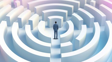 Businessman in Maze Looking for Exit: A businessman in a suit lost in a large, complex maze, symbolizing challenge and strategic thinking.