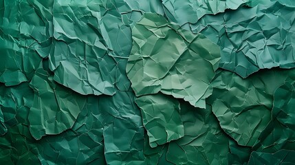 Crumpled Emerald Green Recycled Paper Texture Background with Organic Environmental Aesthetic