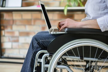 Fototapeta premium A man in a wheelchair works on a laptop in a modern office environment.