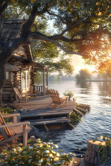 Obraz premium Tranquil Riverside Cottage: Waterside Retreat