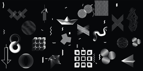 Black and white modern background with halftone dots and lines. Vector design composition with various geometric shapes . Collage of vector design elements .Abstract contemporary art . New modernism .