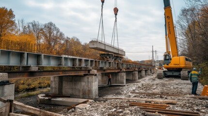 transporting large construction equipment as workers reinforce a bridge to accommodate the weight, capturing the intricate process with precision and expertise.