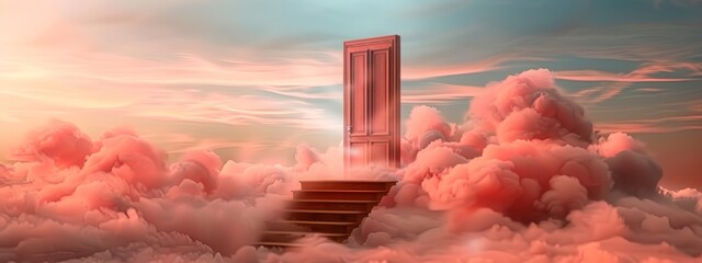 3D render illustration of stairs leading to an opened door amidst clouds, symbolizing ascent to new opportunities and promotion
