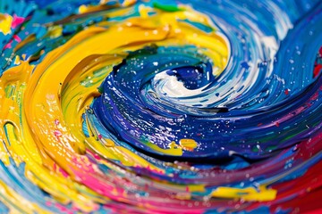 Abstract colorful swirl of acrylic paint background, hand drawn brush strokes, color splashes and palette knife texture in the style of various artists