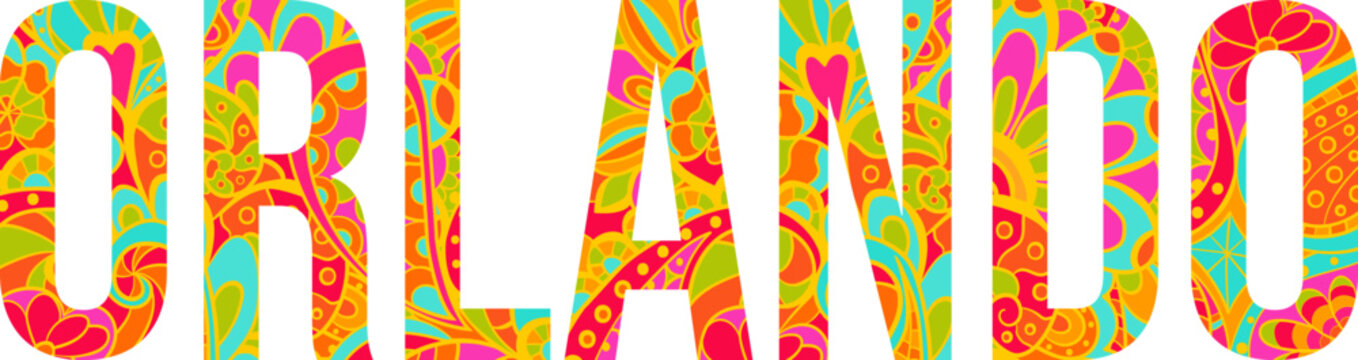Orlando festive city name filled with doole pattern. Use for ,travel blogs, card, logo, t-shirt print typography design, posters,headline,