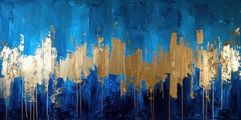 Fotobehang The abstract picture of the gold, blue and black colour that has been painted or splashed on the white blank background wallpaper to form random shape that cannot be describe yet beautiful. AIGX01. © Summit Art Creations