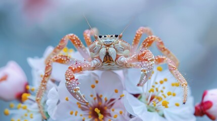 Spider Crab perched on a blossom - obrazy, fototapety, plakaty
