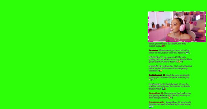 Chat, gaming and green screen with woman streamer in apartment to broadcast live content online. Face cam, internet and streaming with happy young gamer girl in bedroom of home as content creator