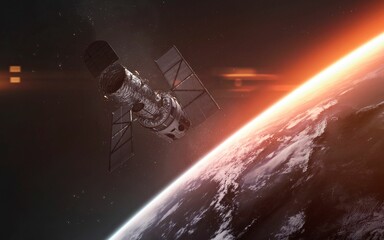 3D illustration of Hubble space telescope at Earth orbit. High quality digital space art in 5K - realistic visualization - 786626366