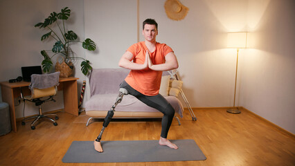 Man amputee with prosthetic leg disability on transfemoral leg prosthesis artificial device making...