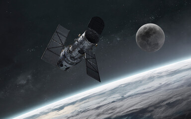 3D illustration of Hubble space telescope at Earth orbit. High quality digital space art in 5K - realistic visualization