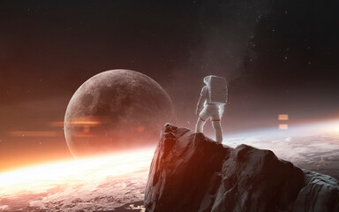 3D illustration of astronaut at giant mountain. High quality digital space art in 5K - realistic visualization