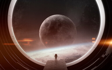 3D illustration of astronaut at space station near Earth. High quality digital space art in 5K - realistic visualization