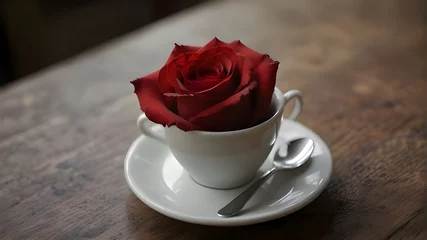 Foto op Plexiglas a red rose sits on a saucer with a spoon. © Muhammad
