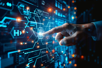 hand pushing a button on a touch screen interface, A person interacts with a futuristic digital interface, highlighting icons related to technology and data flow