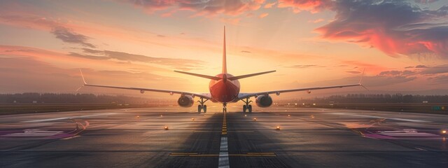 Front view of commercial jet airplane. Parked aircraft at airport runway during golden hour, aviation and travel concept. - obrazy, fototapety, plakaty