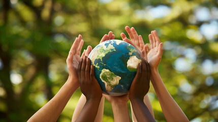 Hands reach for a large globe in the shape of planet earth against the sky. Uniting people for a cleaner planet