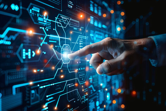 hand pushing a button on a touch screen interface, A person interacts with a futuristic digital interface, highlighting icons related to technology and data flow