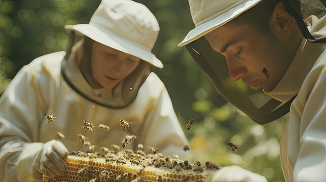 a male and a female, both clad in beekeeper suits and white beehive hats, delicately handle honeycomb frames teeming with bees, showcasing the partnership and harmony between humans and nature