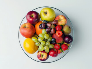 flat from the top and front. Many fresh and whole fruits, with lots of color and different shapes. They are in a glass container, gathered in a still life. They are on a white background. 8K --ar 4:3 
