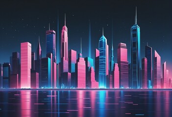A long blue and pink cityscape in bright colours 