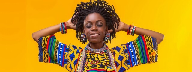 Obraz premium Bright African Female Dancer Performing Energetic Dance Moves in Colorful Traditional Attire
