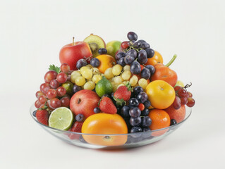 A bowl of fruit with a variety of fruits including apples, oranges, and grapes. The bowl is placed on a white background