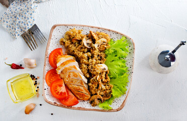 baked chicken breast with mushroom quinoa and salad