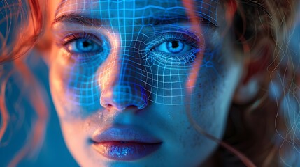 Digital Portrait of a Woman with Futuristic Wireframe Overlay for Emerging and Biometric Technologies