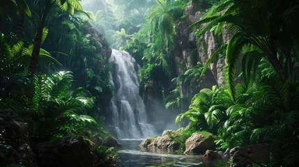 Foto op Plexiglas A serene waterfall cascades gently into a crystal-clear pool within the dense greenery of a sunlit tropical rainforest, inviting a sense of peace and natural beauty. Resplendent. © Summit Art Creations