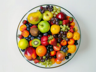 A bowl of fruit with a variety of fruits including apples, oranges, grapes, and kiwis