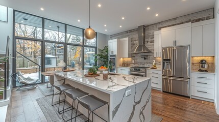 a modern kitchen, captured professionally from various angles to showcase its clean lines and contemporary aesthetics.
