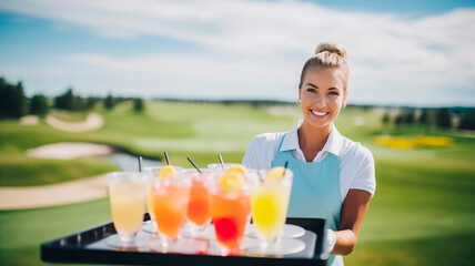 Portrait of a young woman waitress with a tray of cocktails and soft drinks. Summer day, golf course. AI generated.