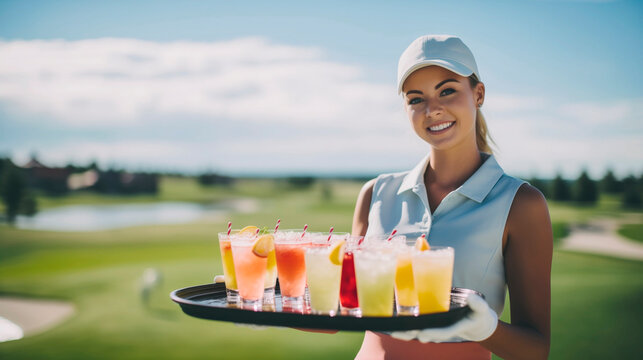 Portrait of a young woman waitress with a tray of cocktails and soft drinks. Summer day, golf course. AI generated.
