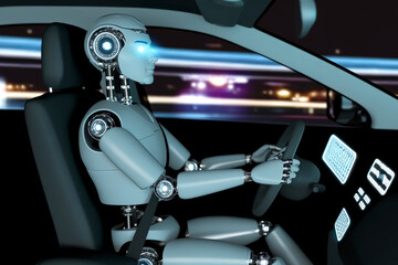 robot with glowing eyes driving a car