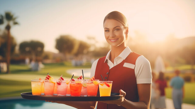 Portrait of a young woman waitress with a tray of cocktails and soft drinks. Summer day, golf course. AI generated.