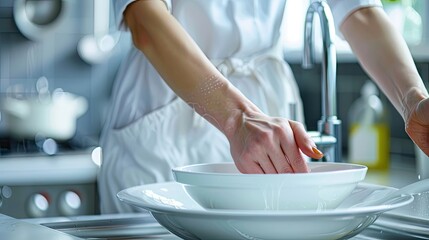 dishwashing in a white modern kitchen, focusing on the close-up of a woman's hands and arms as she meticulously cleans the scene. - obrazy, fototapety, plakaty