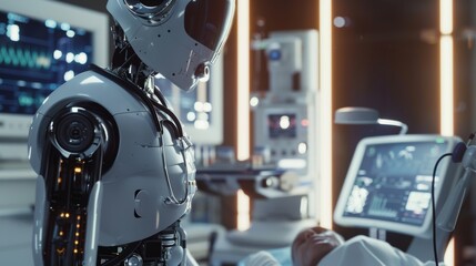Robot doctor with a stethoscope and medical kit consult humen patient.