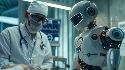 Doctor robot and doctor consulting about patient's surgical wound in exam room