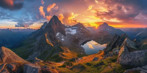 Foto op Plexiglas The panorama captures a breathtaking sunset casting golden hues over a majestic mountain range with alpine lakes nestled in valleys. Resplendent. © Summit Art Creations