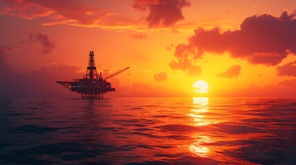 Dramatic Offshore Oil Rig Drilling Platform Against Vibrant Sunset Sky and Ocean Horizon