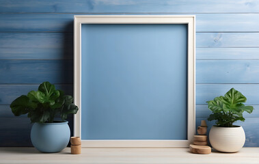 Blank white frame with blue border against blue background, Empty blank photo frame mockup design