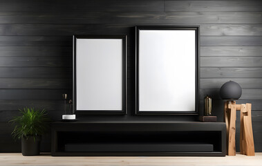 Blank white frame with dark border against black background, Empty blank photo frame mockup design