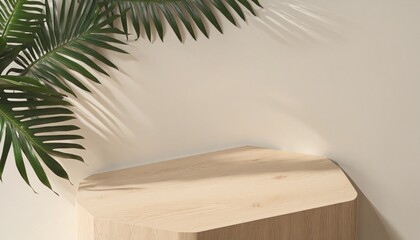 Top view of wooden podium with tropical leaves in bright colours 