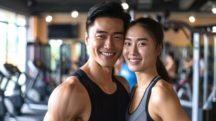 Smiling Asian Couple Poses for Camera in Gym - obrazy, fototapety, plakaty