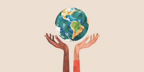 Diverse hands holding a painted globe. Multicultural unity and diversity concept illustration with earth. Global cooperation artistic representation