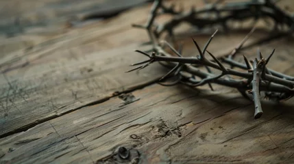 Foto op Plexiglas A symbolic crown of thorns laid upon a rustic wooden surface, conveying a somber religious theme. © Оксана Олейник