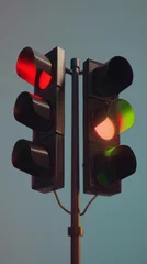 Foto op Plexiglas Traffic light showing both red and green signals in a surrealistic transition, concept of decision making. © Оксана Олейник