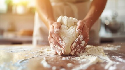 Hands kneading dough on a wooden surface with flour dust. Close-up of baking process with natural sunlight. Homemade baking and cooking concept. - Powered by Adobe