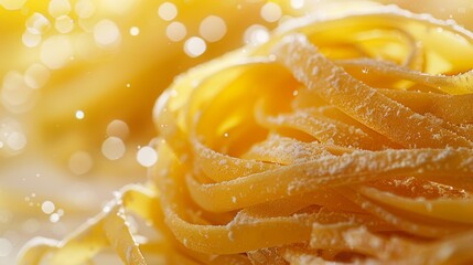 Macro image of coiled fettuccine pasta with flour dusting and light bokeh effects. The intertwined pasta with light reflections and a hint of bokeh